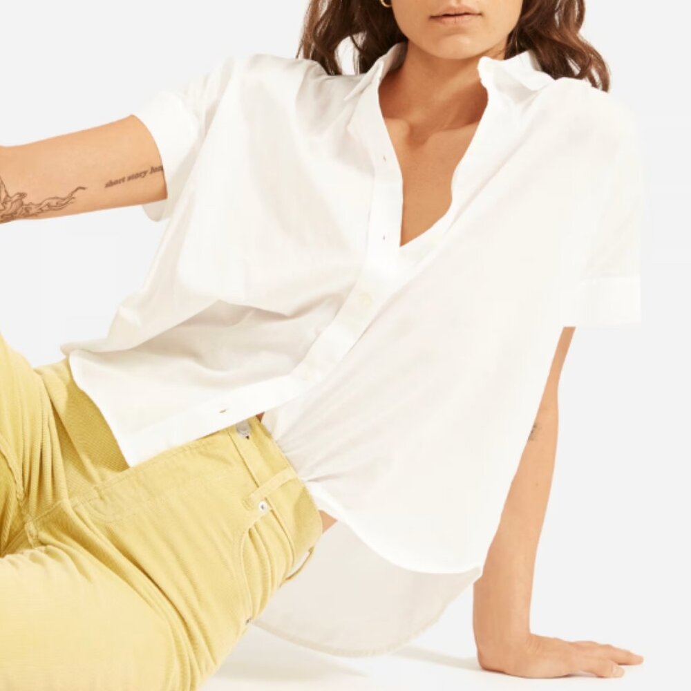 Everlane White Oversized Cotton Short Sleeve Button-Up Shirt, Size XL